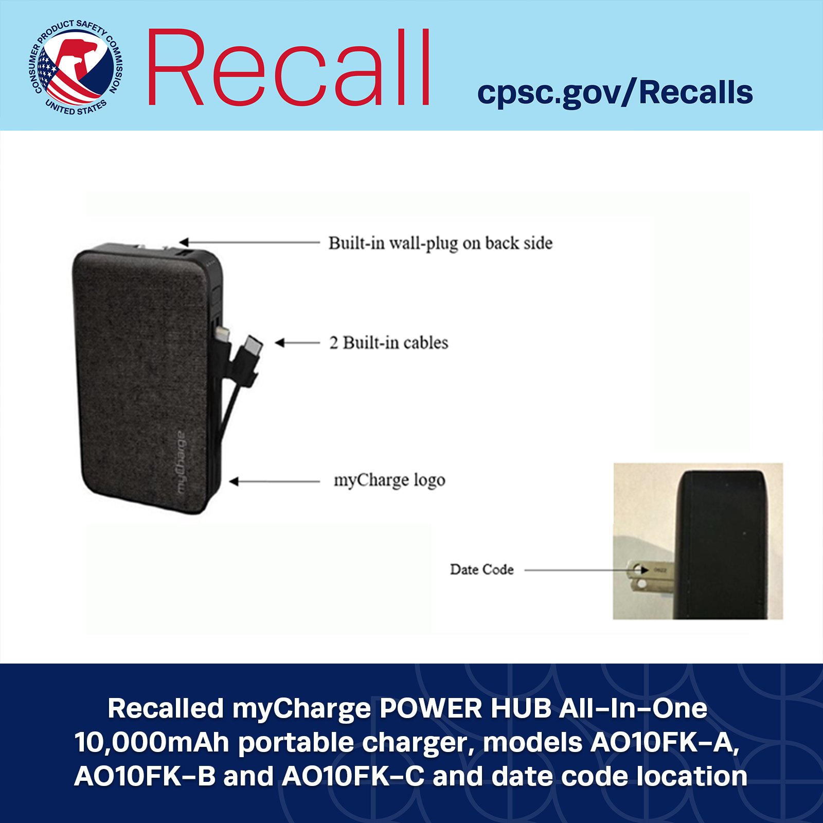 Recalled myCharge POWER HUB All-In-One 10,000mAh portable charger, models AO10FK-A, AO10FK-B and AO10FK-C and date code location 